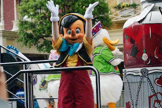 pexels-photo-28505395-28505395 Cheerful Pinocchio character waving during a lively Disneyland Paris parade.